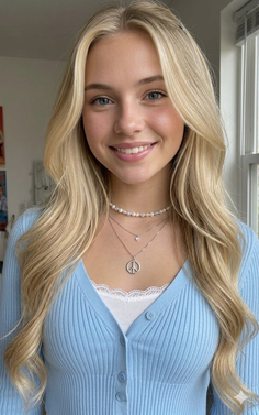 Blonde woman with blue eyes wearing a light blue cardigan and layered necklaces