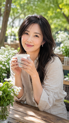 Woman with long dark hair holding a cup at an outdoor cafe