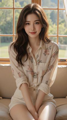 Woman with long hair wearing a floral shirt and shorts, sitting by a window