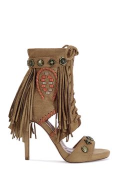 Brown suede high heels with fringe and western-style embellishments