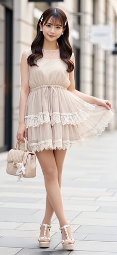 Woman in a beige lace dress and high heels holding a handbag outdoors