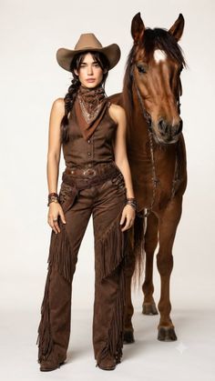 Woman in a brown cowgirl outfit with a horse on a white background