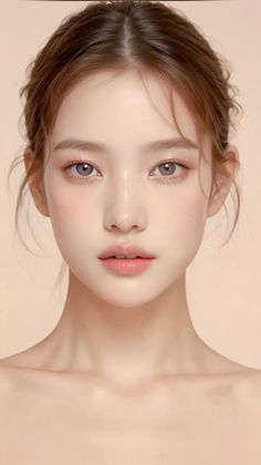 Realistic portrait of a woman with brown hair in an updo against a light background