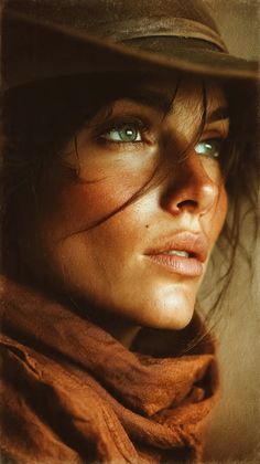 Woman with green eyes and a cowboy hat looking to the side
