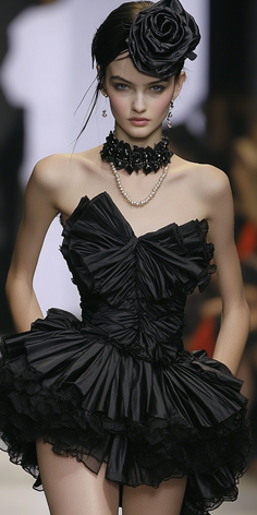 Model in a black strapless dress with a rose headpiece and pearl necklace