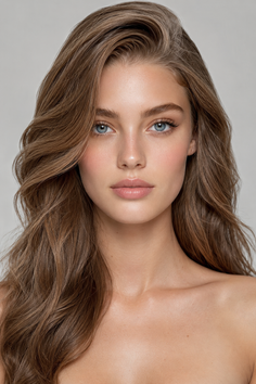 Woman with long wavy hair and blue eyes, bare shoulders, looking at the camera