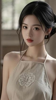 Woman with black hair in an updo wearing an embroidered top