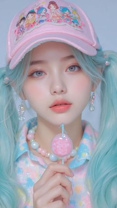 Woman with blue twin tails and a pink cap holding a lollipop