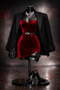 Red velvet dress and black blazer on a mannequin with accessories