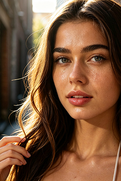 Woman with wet skin and long hair in soft golden hour lighting