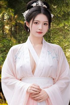 Woman in traditional Chinese clothing with a deep V-neckline and hair ornaments