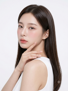 Woman with long dark hair and a white top, touching her face