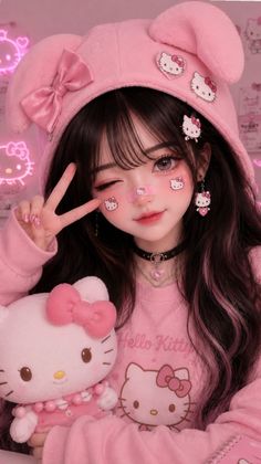 Anime style girl in a pink hoodie with Hello Kitty accessories and neon lighting