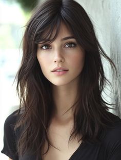 Woman with long dark hair and freckles in a soft-lit portrait
