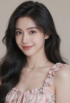 Woman with long black hair wearing a pink floral top and silver necklace