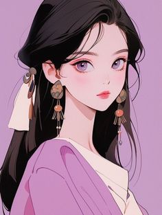 Anime style portrait of a woman with long black hair and purple eyes