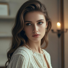 Woman with long wavy hair and a pearl necklace looking to the side
