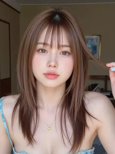 Woman with long brown hair and bangs wearing a gold necklace
