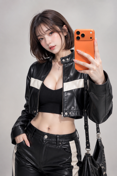 Woman in a black leather jacket and crop top taking a selfie