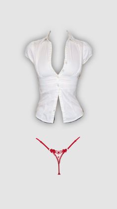 White short-sleeve shirt and red thong on a plain background