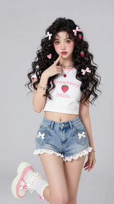 Woman with long curly hair wearing a strawberry milk crop top and denim shorts