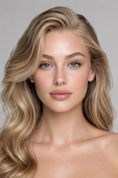 Woman with blonde wavy hair and blue eyes wearing earrings