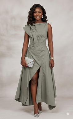 Woman in a green dress with a silver clutch and high heels posing in a studio