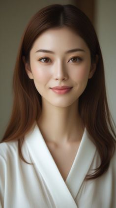 Woman with long brown hair wearing a white shirt, looking at the camera