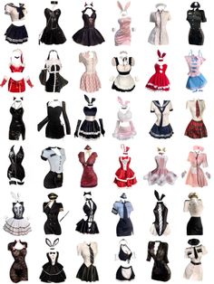 A collection of various costumes and outfits, including maid, bunny, and school uniforms