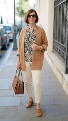 Woman in a brown cardigan and white pants with a brown handbag on a sidewalk