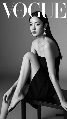 Woman in a black strapless dress with long hair and large earrings in a studio shot