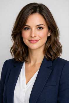 Woman with short brown hair wearing a navy suit and white shirt