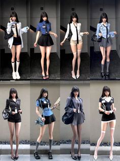 Multiple women in various uniforms and outfits, some with exposed skin