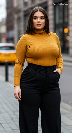 Woman in a mustard turtleneck and black pants on a city street