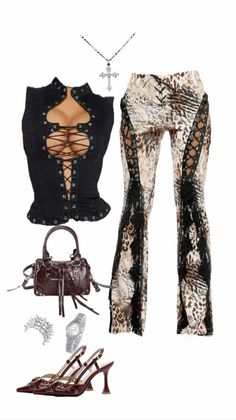Fashion flat lay with a black lace-up corset top and animal print pants