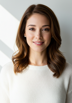 Woman with brown hair wearing a white sweater and diamond earrings, smiling at the camera