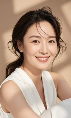 Woman with dark hair and a white top smiling in soft lighting