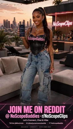 Woman in a corset top and cargo pants on a rooftop bar at sunset