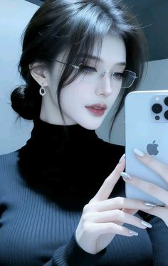Woman with black hair and glasses taking a selfie in a black turtleneck
