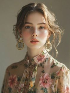 Woman with freckles and an updo wearing a floral blouse and large earrings