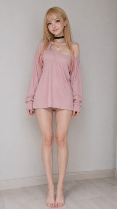Woman with long blonde hair wearing an oversized pink shirt and choker