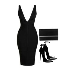 Black bodycon dress with high heels and a clutch bag