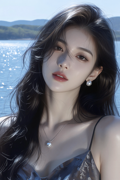 Woman with long dark hair and pearl jewelry outdoors by a lake