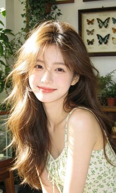 Woman with long brown hair in a green floral dress, smiling indoors with soft lighting