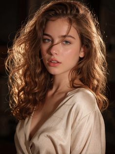 Woman with long wavy hair and blue eyes in a deep v-neck top