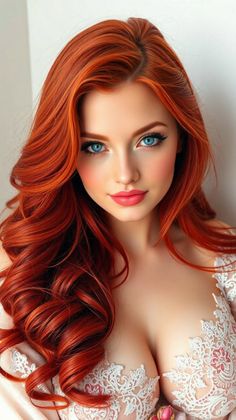 Woman with long red hair and blue eyes wearing a lace top