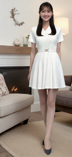 Woman in a white dress standing in a living room with a fireplace