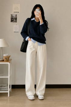 Woman in a navy sweater and white pants taking a mirror selfie indoors
