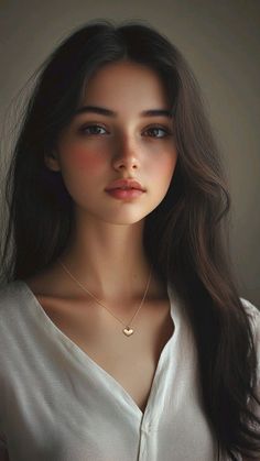 Realistic portrait of a young woman with long dark hair and a heart necklace