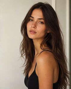Woman with long brown hair wearing a black top, looking directly at the camera